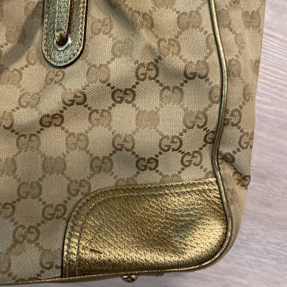 Gucci Princy GG Monogram Gold Canvas Leather Tote Cute Bow Damaged (Authentic) - Picture 9 of 14
